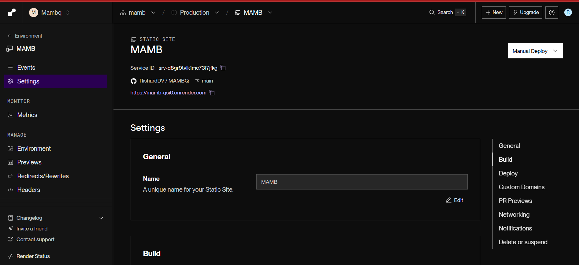 Dashboard de Render con logs